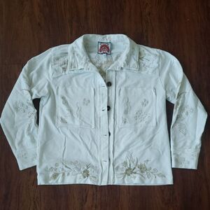 Johnny Was Cream Embroidered Sweatshirt Jacket Size Small Chic Feminine Boho